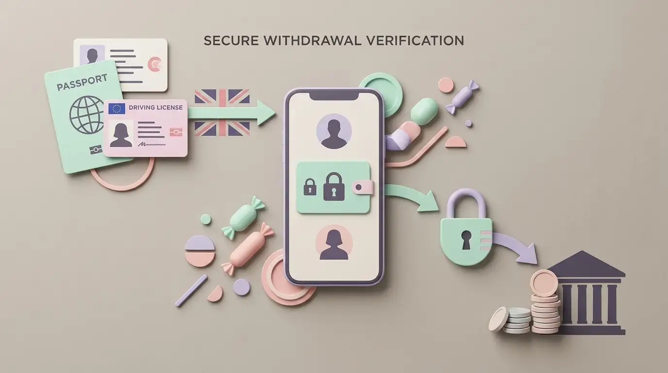 Editorial illustration of identity and address documents being checked before an online casino withdrawal