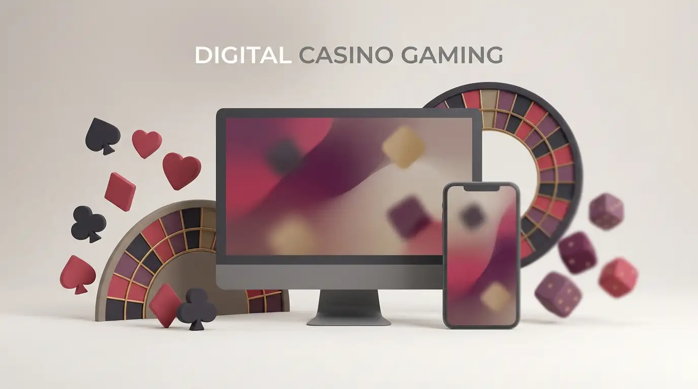 Editorial illustration of casino games viewed on desktop and mobile screens without branded interface details